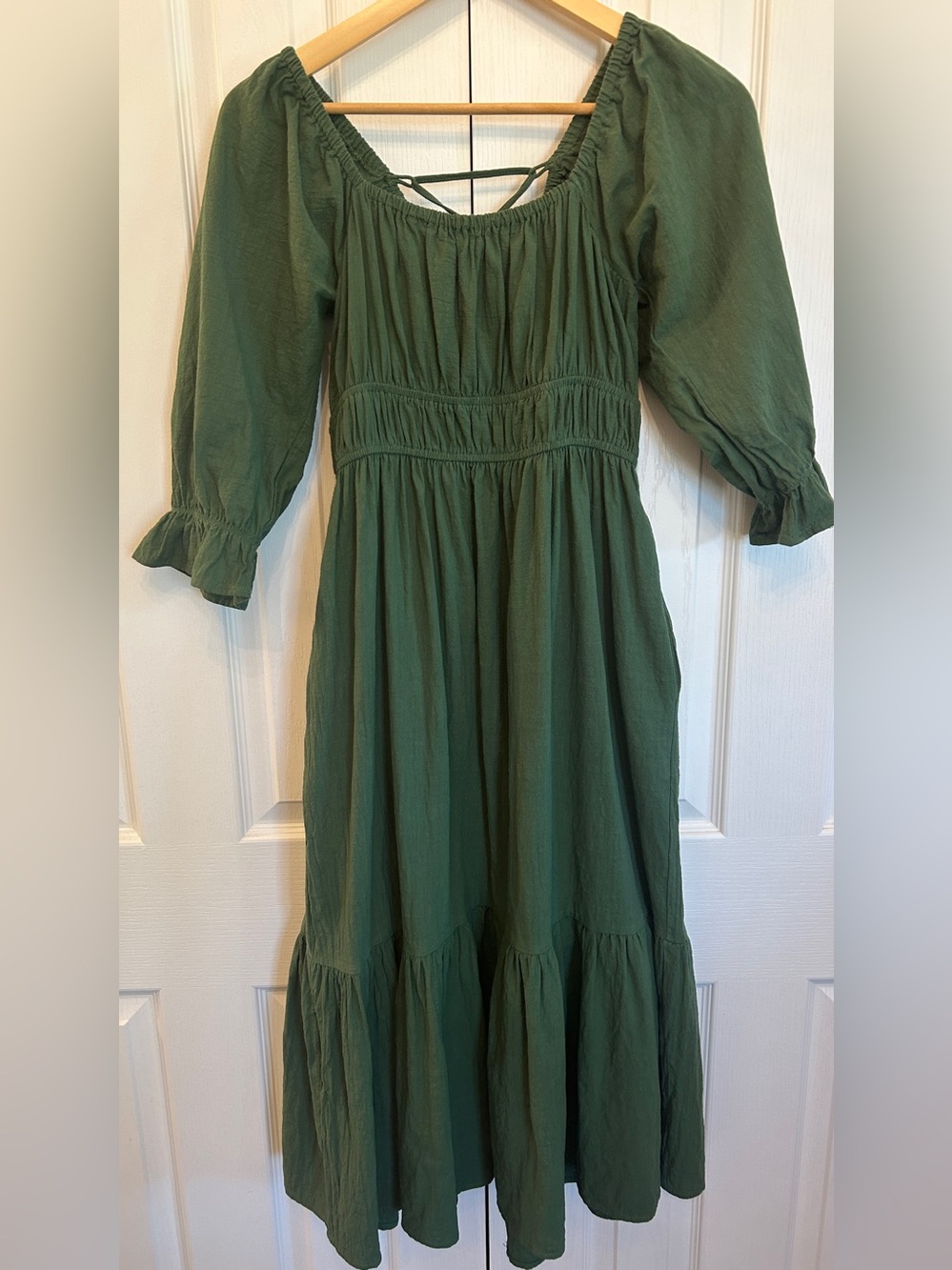 Elloh 100% Cotton Textured Peasant Dress 3/4 Sleeve Green Size S EUC